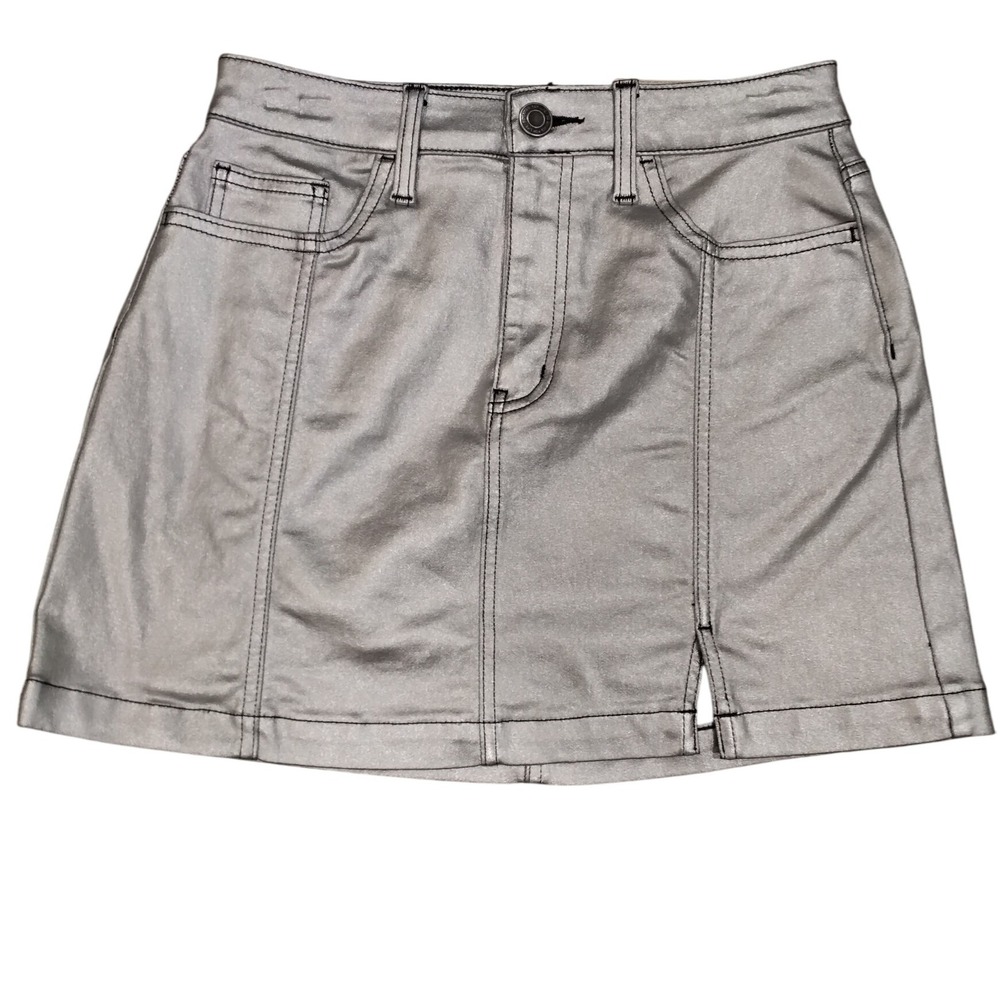 NWT SO Silver High Rise‎ Mini Skirt Size 7/28W Metallic A-Lin